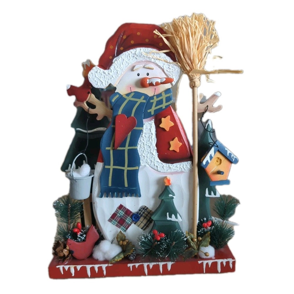 Wood Snowman Decoration Winter 3D Holiday Scene Wooden Christmas Classic 13.5"